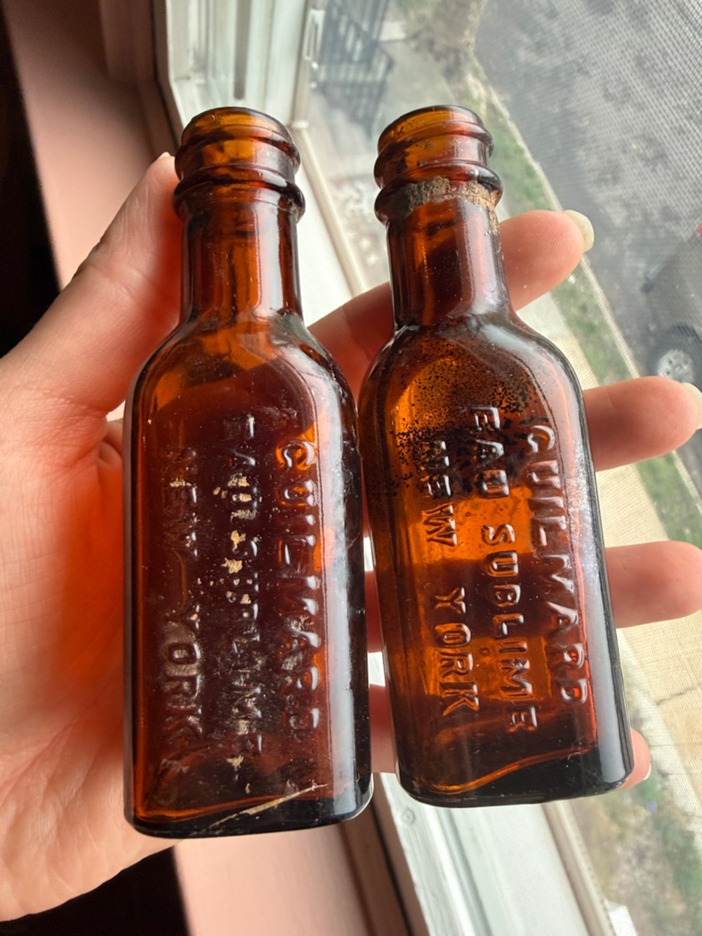 Antique Amber Embossed Medicine Bottles - Pair